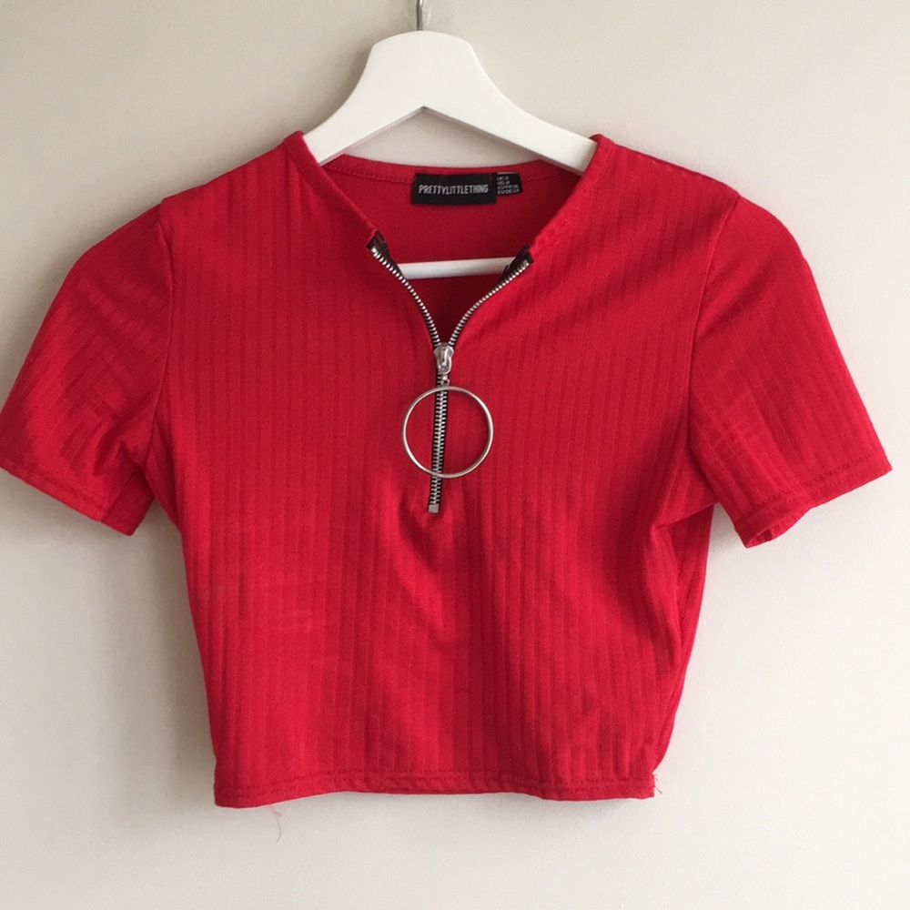 red zip up pretty little thing crop top